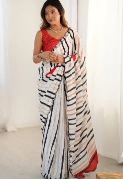Digital Printed Chinon Crepe Saree in White