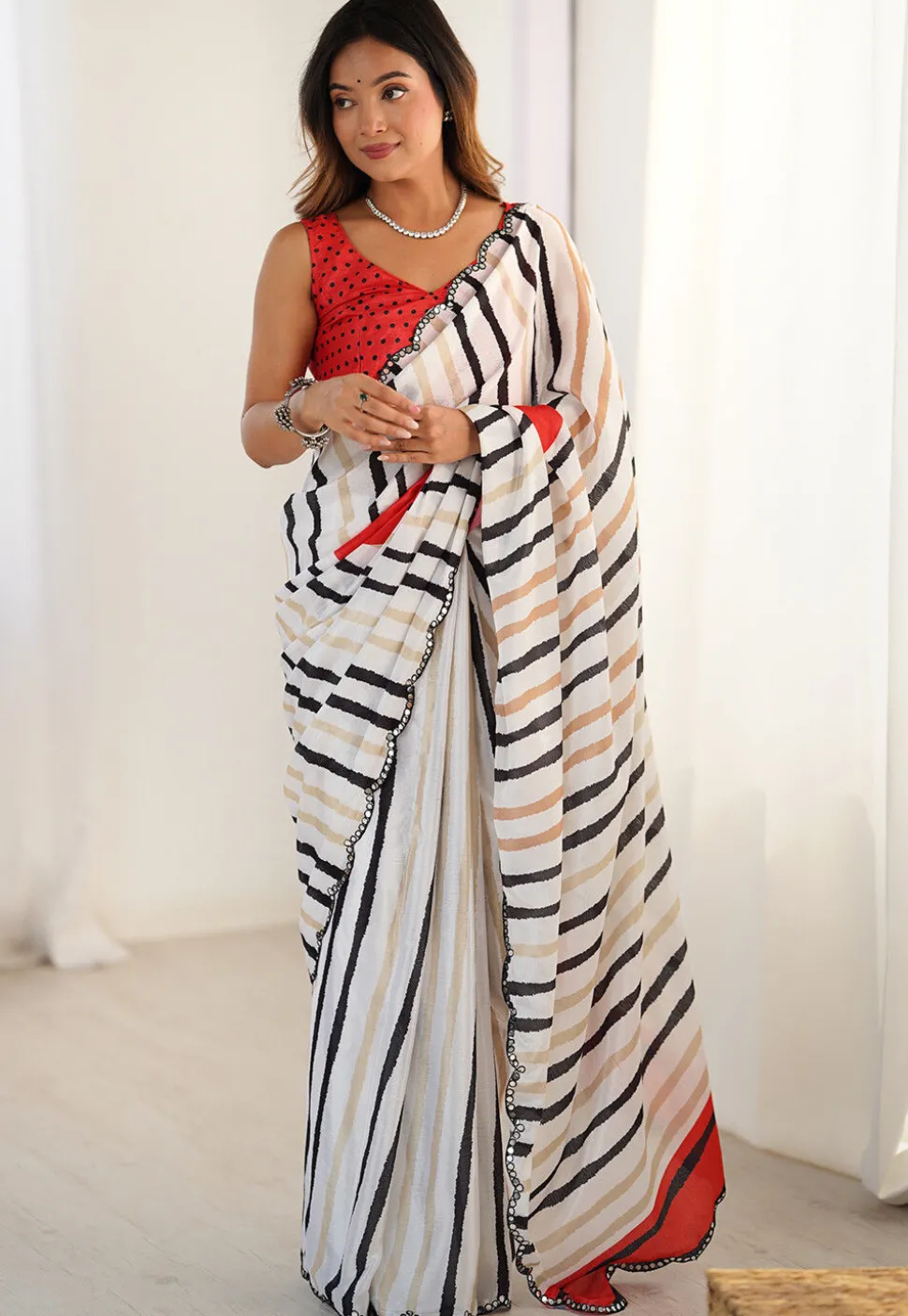 Digital Printed Chinon Crepe Saree in White