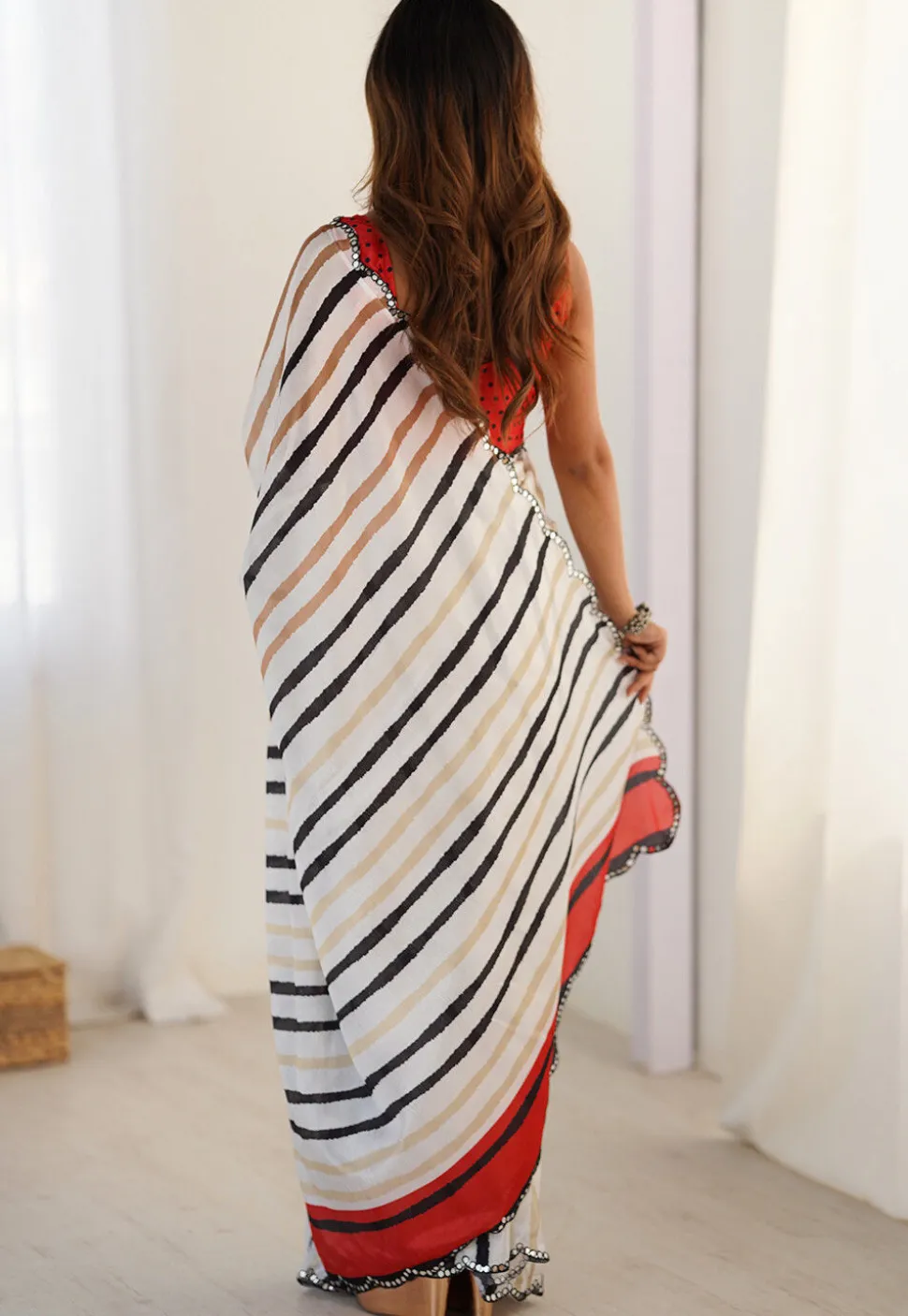 Digital Printed Chinon Crepe Saree in White