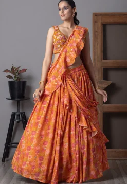 Digital Printed Chinon Silk Lehenga in Orange