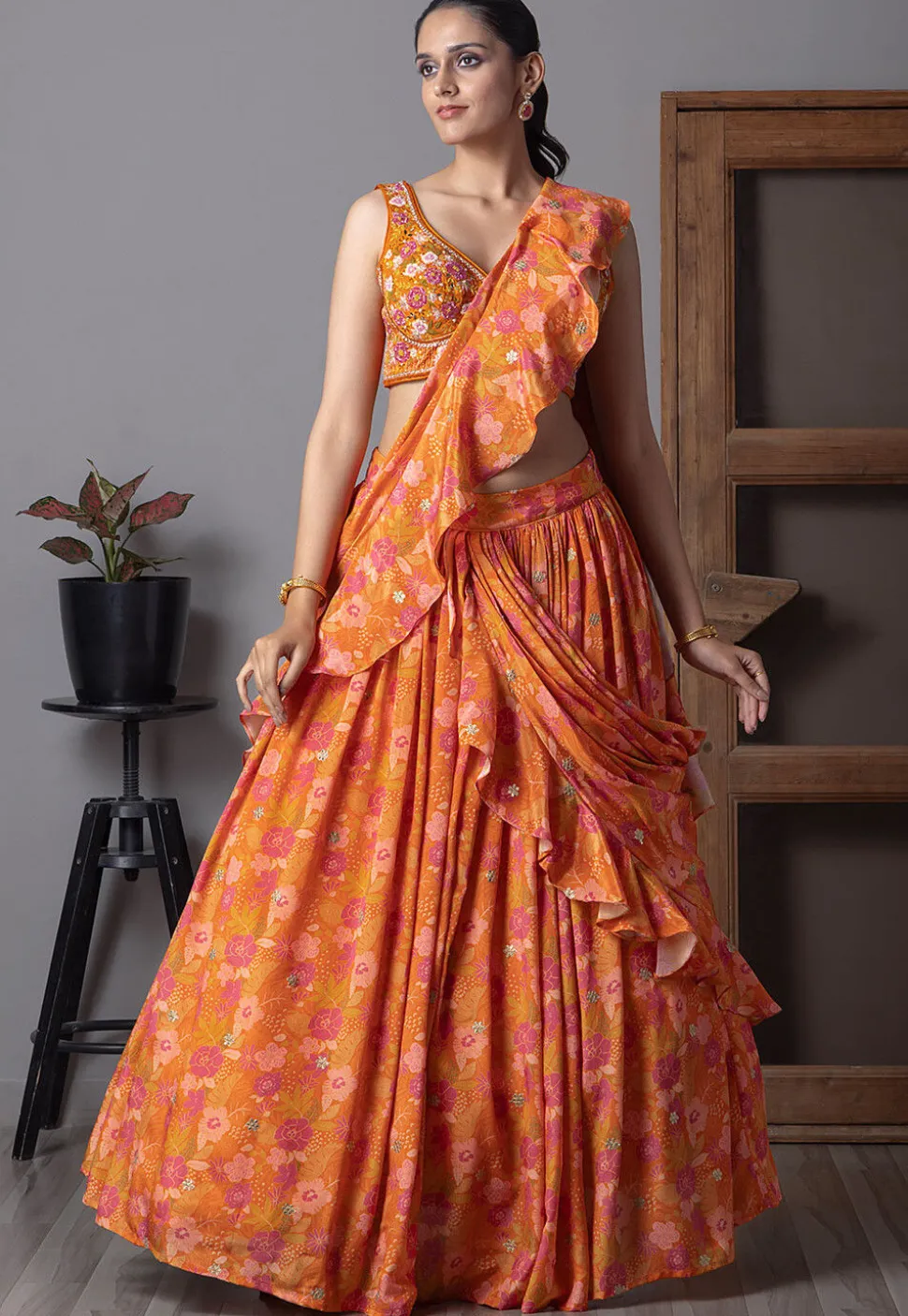 Digital Printed Chinon Silk Lehenga in Orange