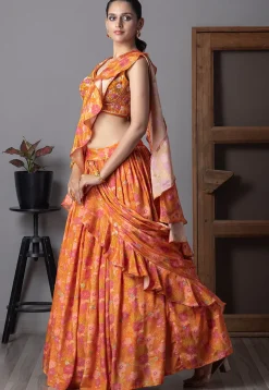 Digital Printed Chinon Silk Lehenga in Orange