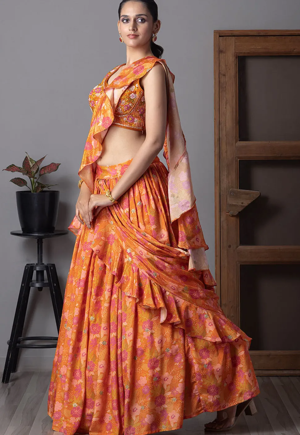 Digital Printed Chinon Silk Lehenga in Orange