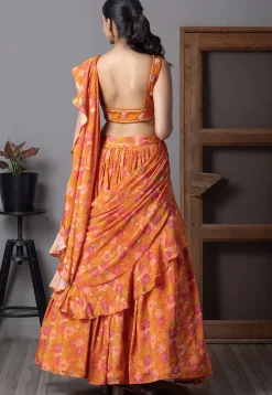 Digital Printed Chinon Silk Lehenga in Orange