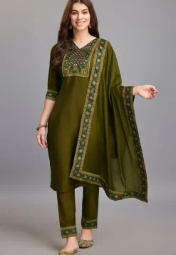 Digital Printed Chinon Silk Pakistani Suit in Dark Olive Green