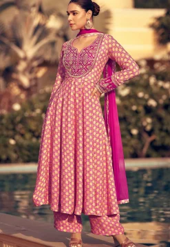 Digital Printed Chinon Silk Aline Suit in Pink