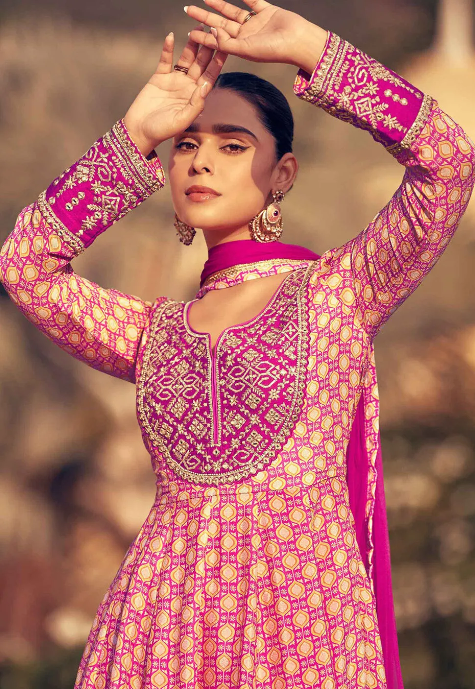 Digital Printed Chinon Silk Aline Suit in Pink