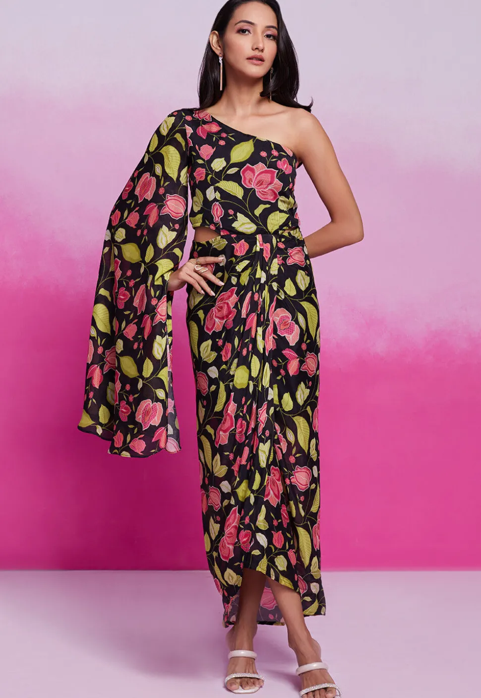 Digital Printed Chinon Silk Gown in Black
