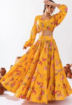Digital Printed  Chinon Silk Co Ord Set in Yellow