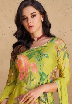 Digital Printed Chinon Silk Pakistani Suit in Olive Green