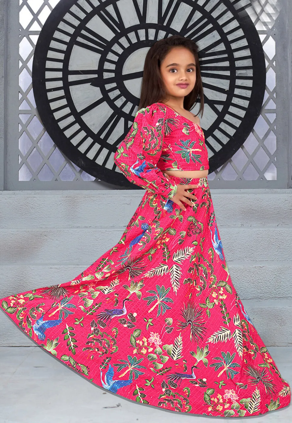 Digital Printed Chinon Silk Lehenga in Pink
