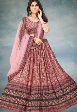 Digital Printed Chinon Silk Lehenga in Pink