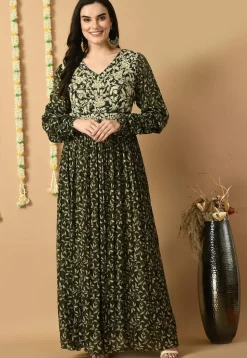 Digital Printed Chinon Silk Long Kurta Set in Olive Green