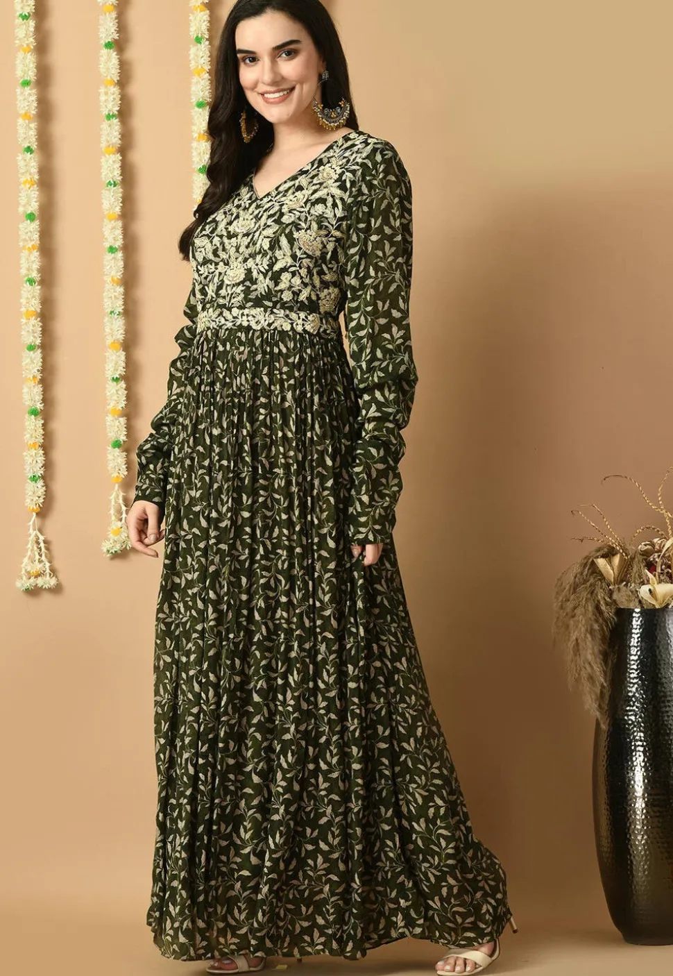 Digital Printed Chinon Silk Long Kurta Set in Olive Green