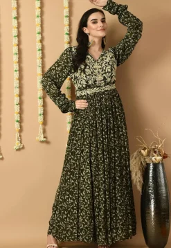 Digital Printed Chinon Silk Long Kurta Set in Olive Green