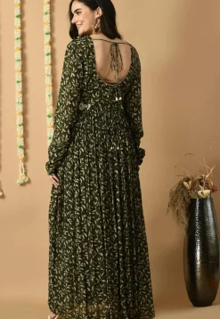 Digital Printed Chinon Silk Long Kurta Set in Olive Green
