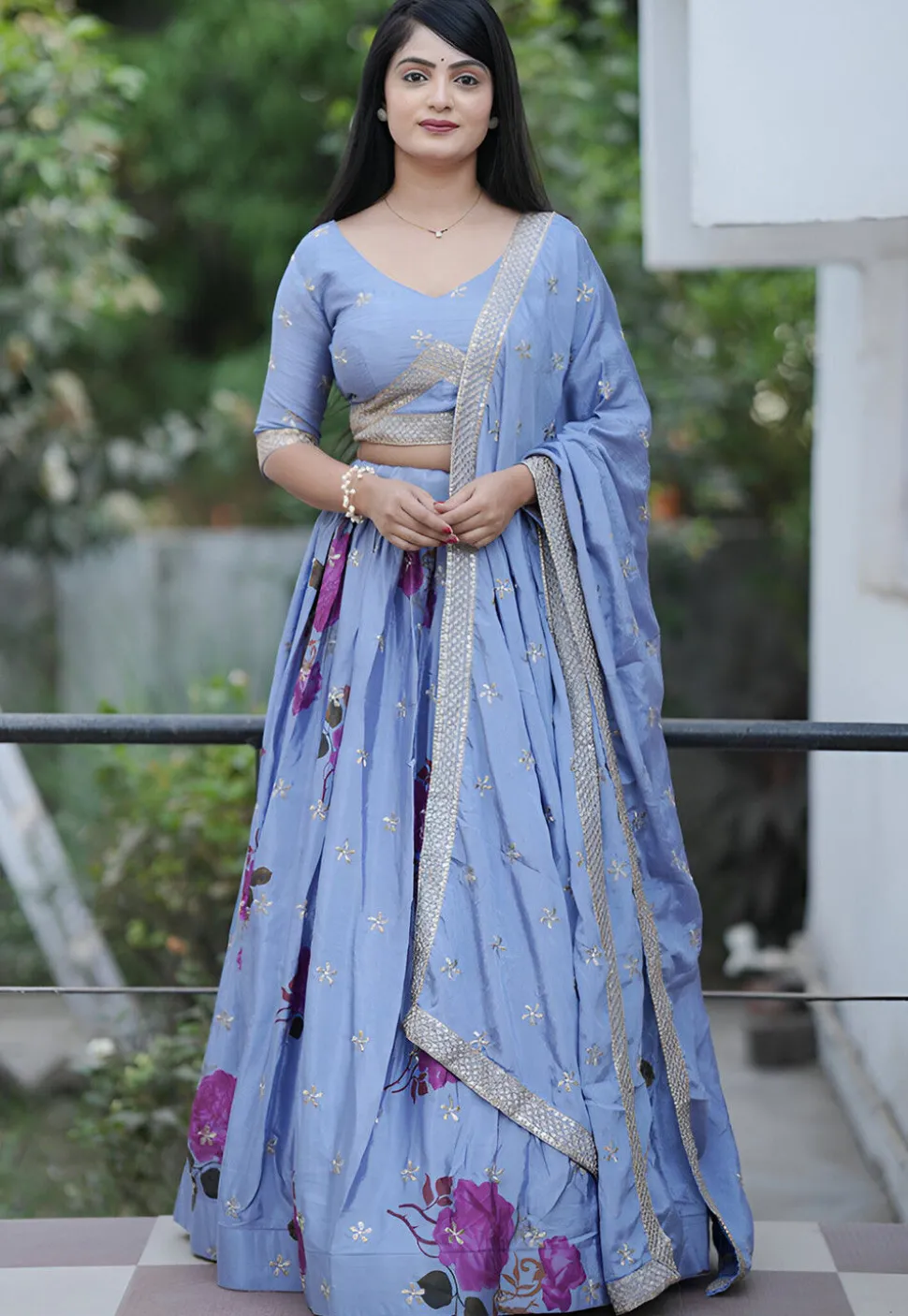 Digital Printed Chinon Silk Lehenga in Blue