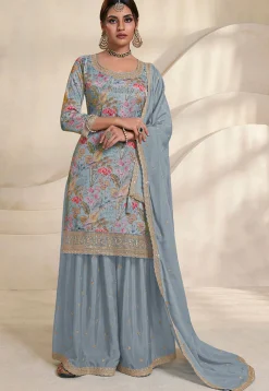 Digital Printed Chinon Silk Pakistani Suit in Dusty Blue