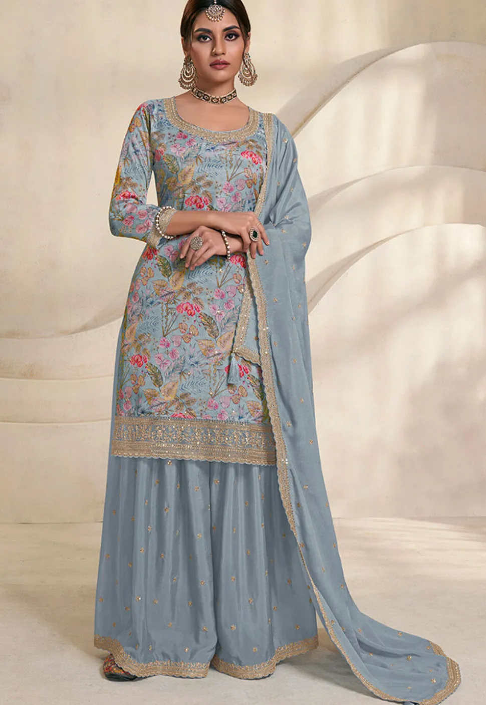 Digital Printed Chinon Silk Pakistani Suit in Dusty Blue
