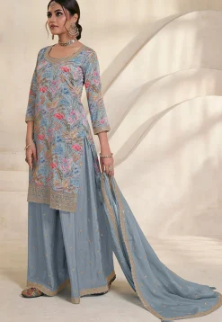 Digital Printed Chinon Silk Pakistani Suit in Dusty Blue