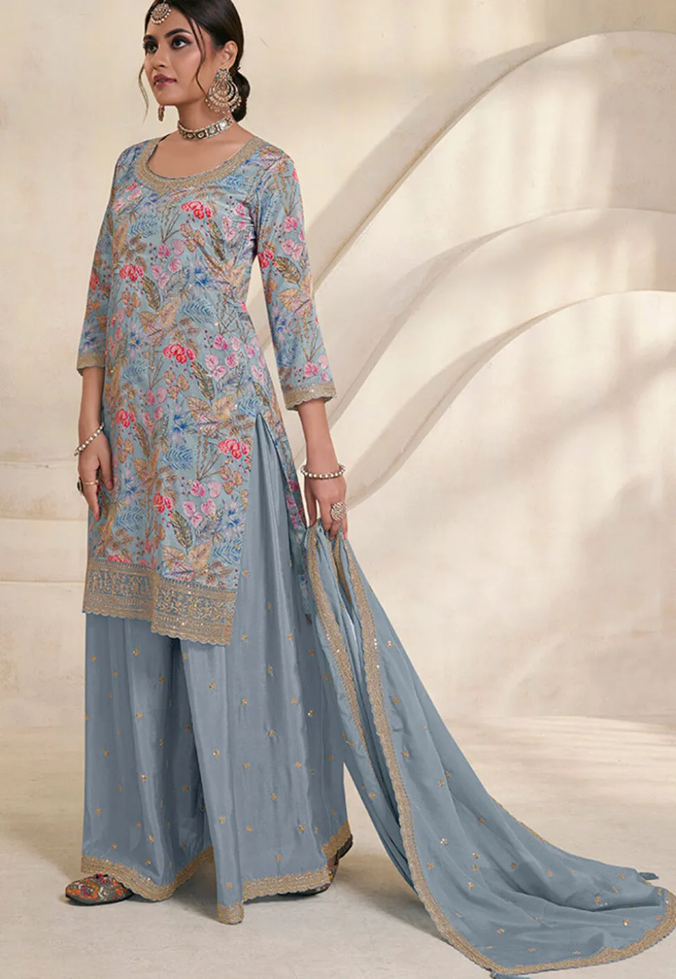 Digital Printed Chinon Silk Pakistani Suit in Dusty Blue