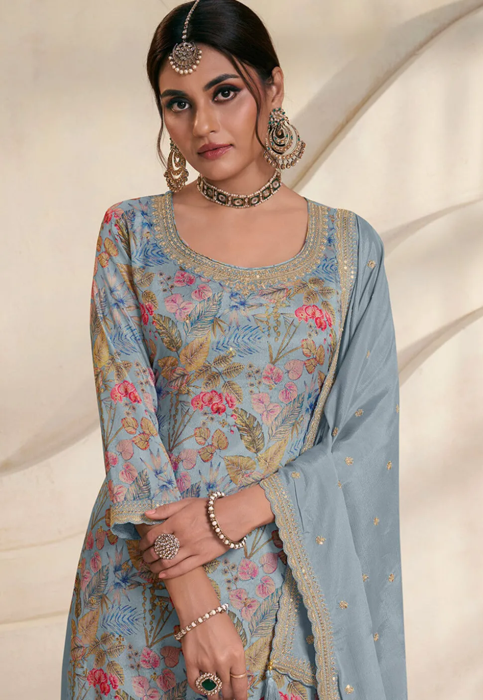 Digital Printed Chinon Silk Pakistani Suit in Dusty Blue