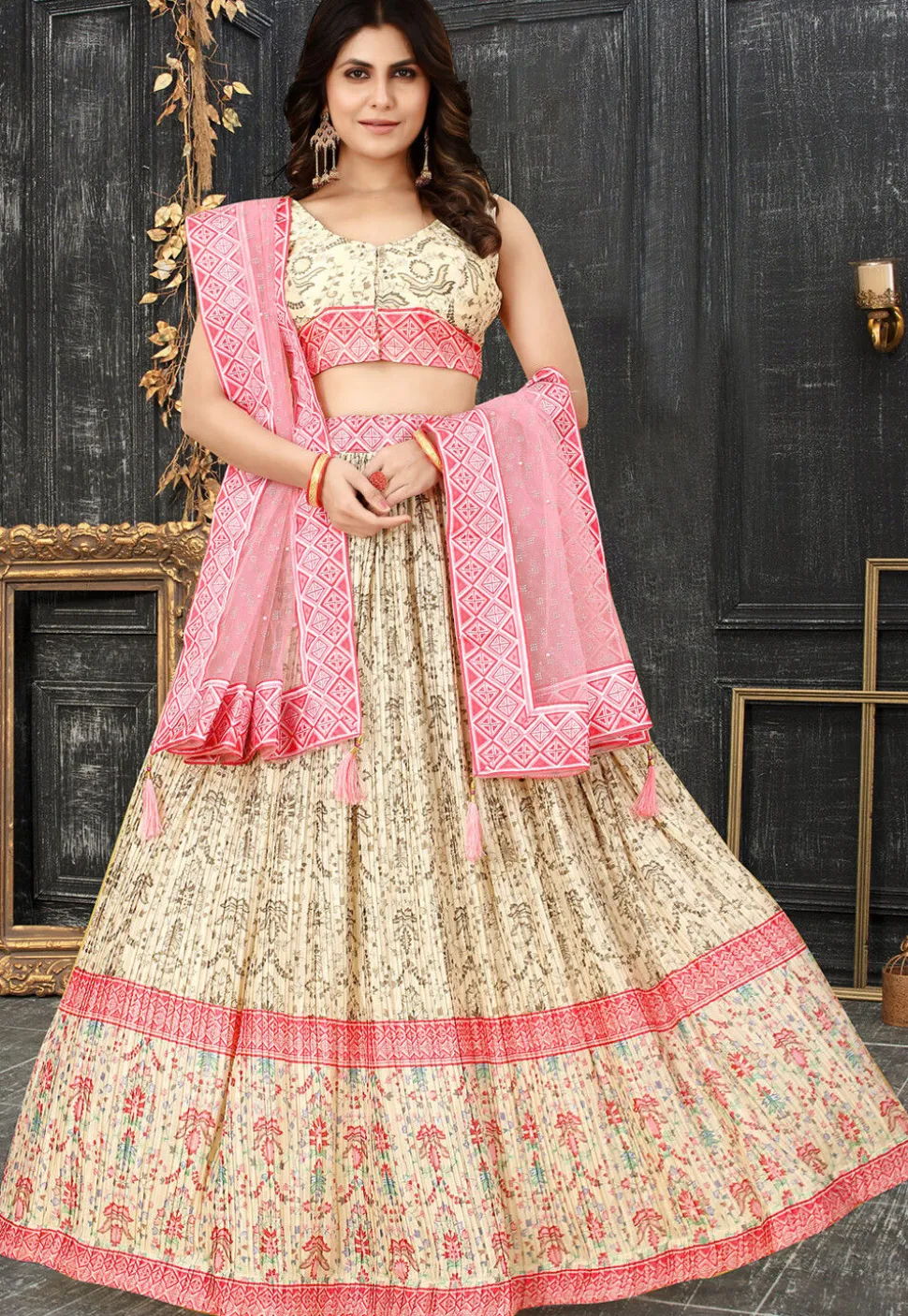 Digital Printed Chinon Silk Lehenga in Cream
