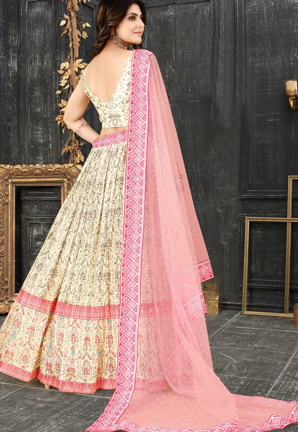 Digital Printed Chinon Silk Lehenga in Cream