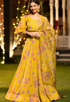 Digital Printed Chinon Silk Lehenga in Yellow