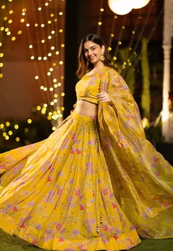 Digital Printed Chinon Silk Lehenga in Yellow