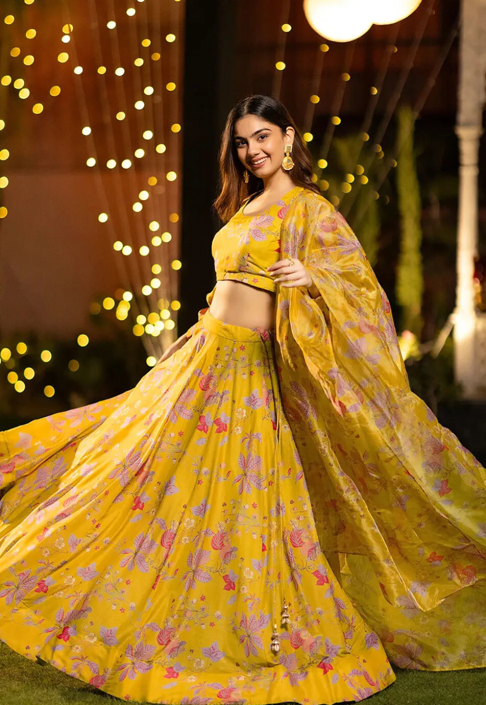 Digital Printed Chinon Silk Lehenga in Yellow