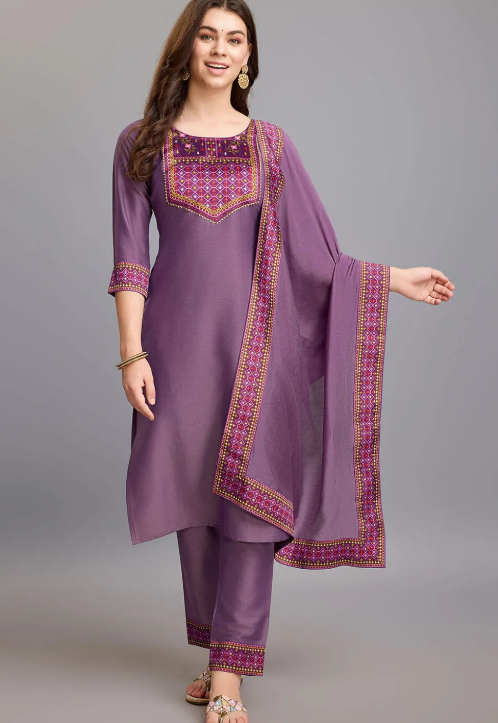 Digital Printed Chinon Silk Pakistani Suit in Purple