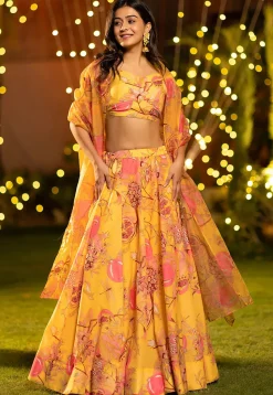 Digital Printed Chinon Silk Lehenga in Mustard