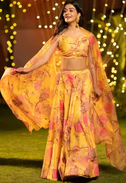 Digital Printed Chinon Silk Lehenga in Mustard