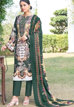 Digital Printed Chinon Silk Pakistani Suit in Dark Green