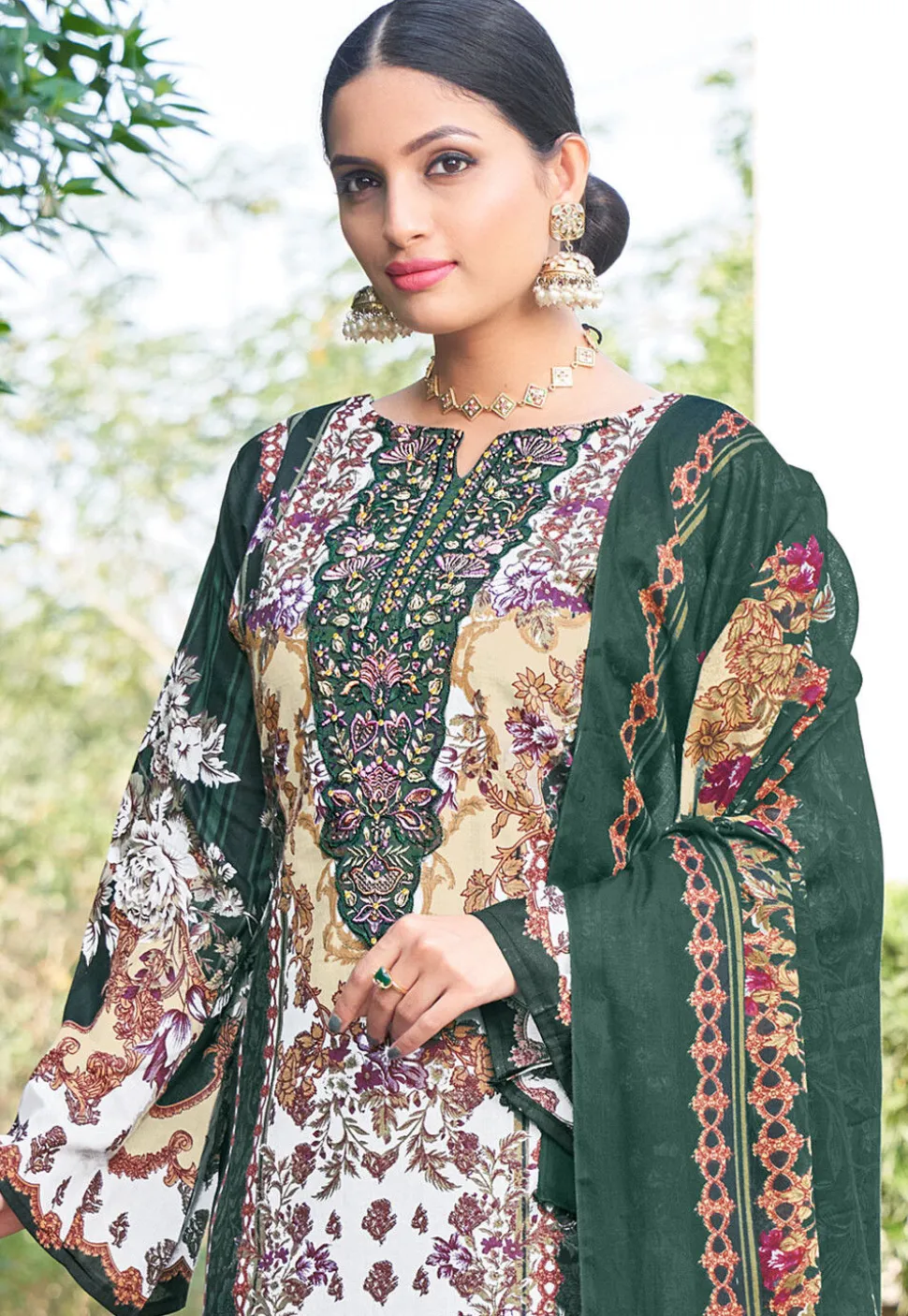 Digital Printed Chinon Silk Pakistani Suit in Dark Green