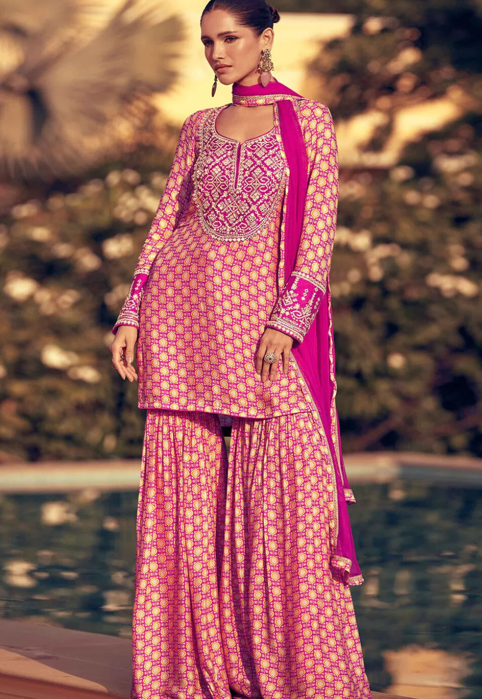 Digital Printed Chinon Silk Pakistani Suit in Pink