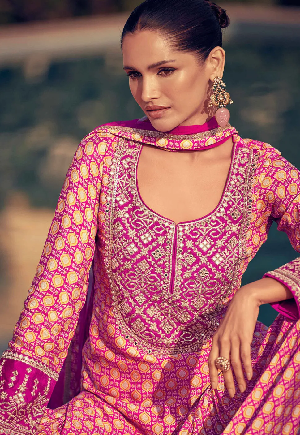Digital Printed Chinon Silk Pakistani Suit in Pink