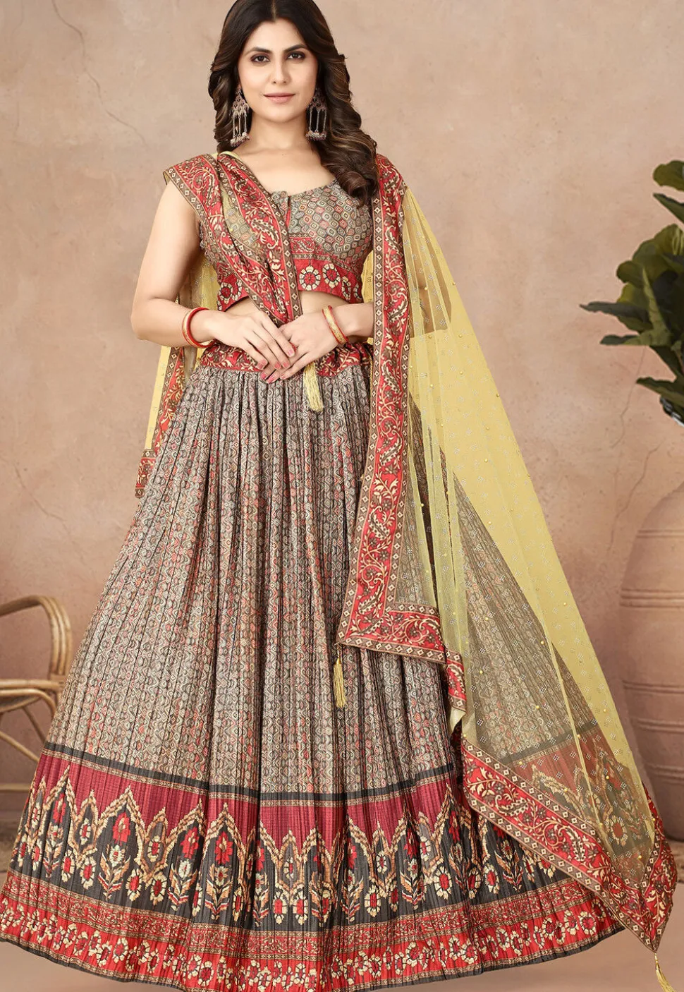 Digital Printed Chinon Silk Lehenga in Beige