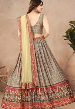Digital Printed Chinon Silk Lehenga in Beige