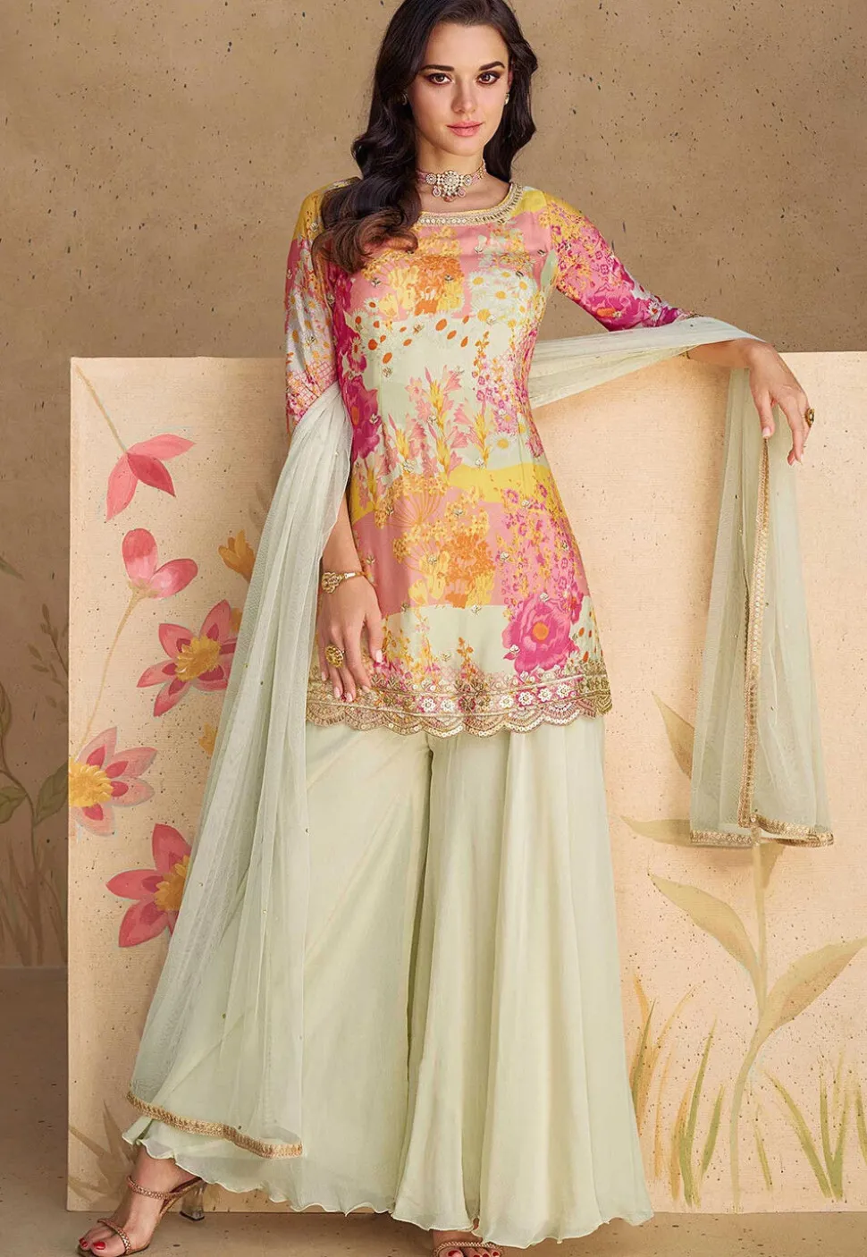 Digital Printed Chinon Silk Pakistani Suit in Multicolor