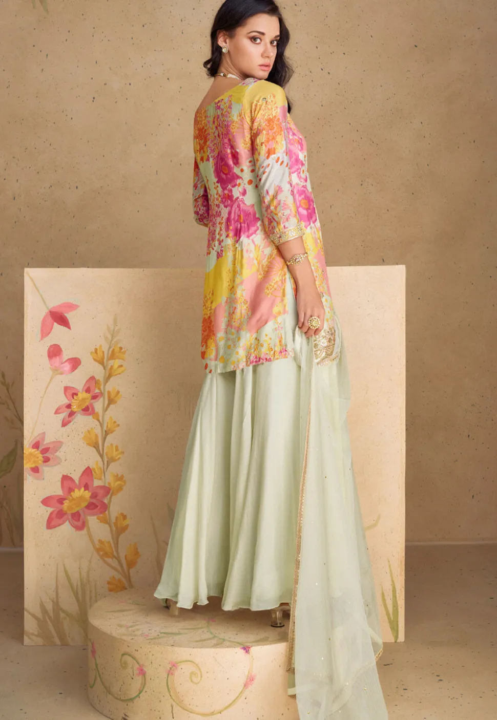 Digital Printed Chinon Silk Pakistani Suit in Multicolor