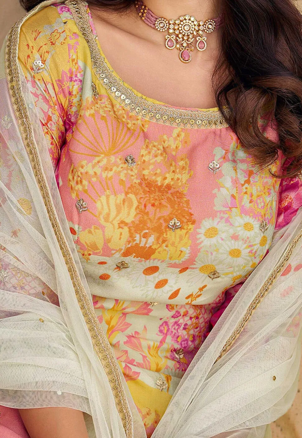 Digital Printed Chinon Silk Pakistani Suit in Multicolor
