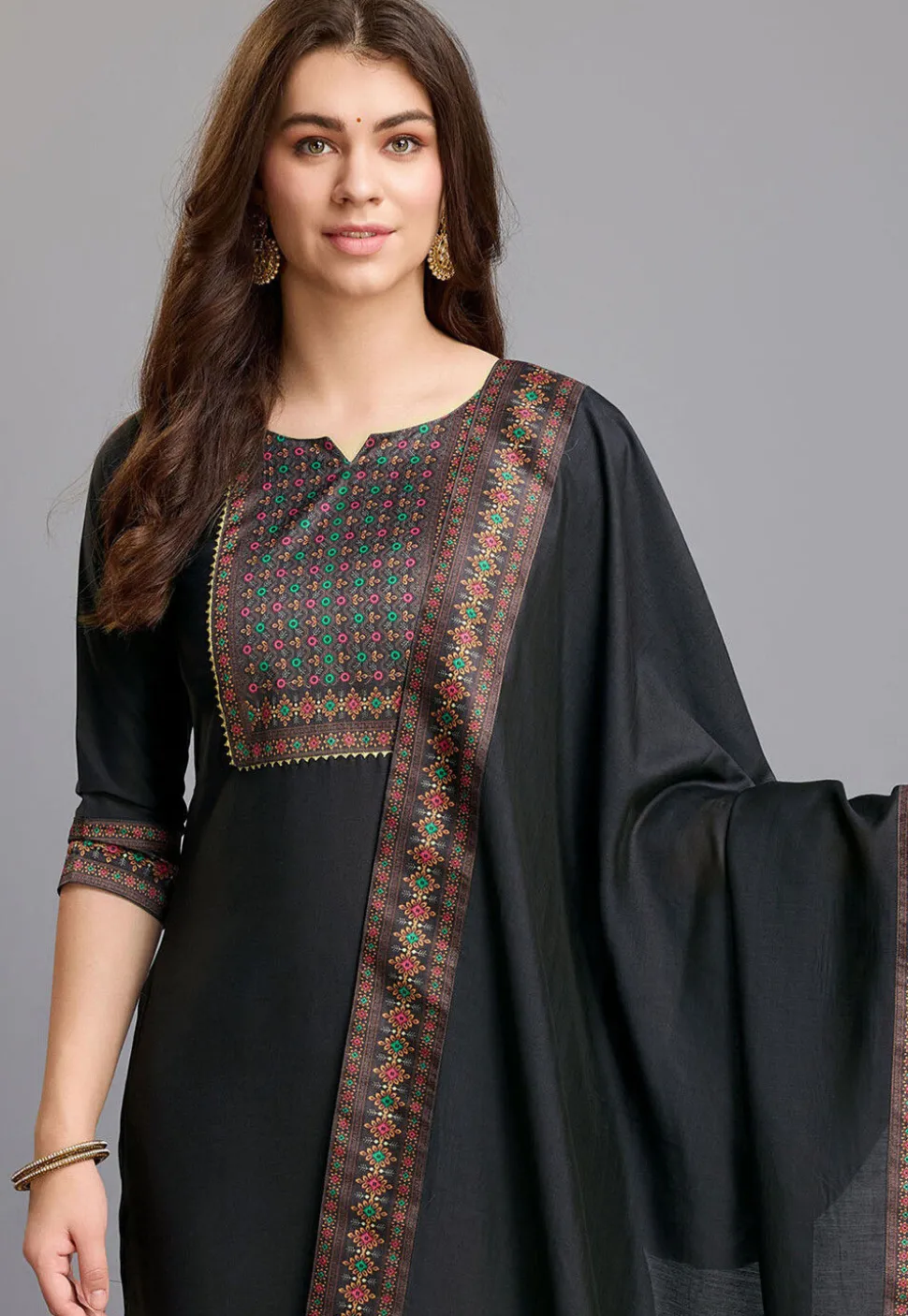 Digital Printed Chinon Silk Pakistani Suit in Black