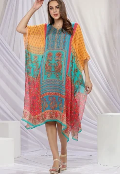 Digital Printed Chinon Silk Kaftan in Multicolor
