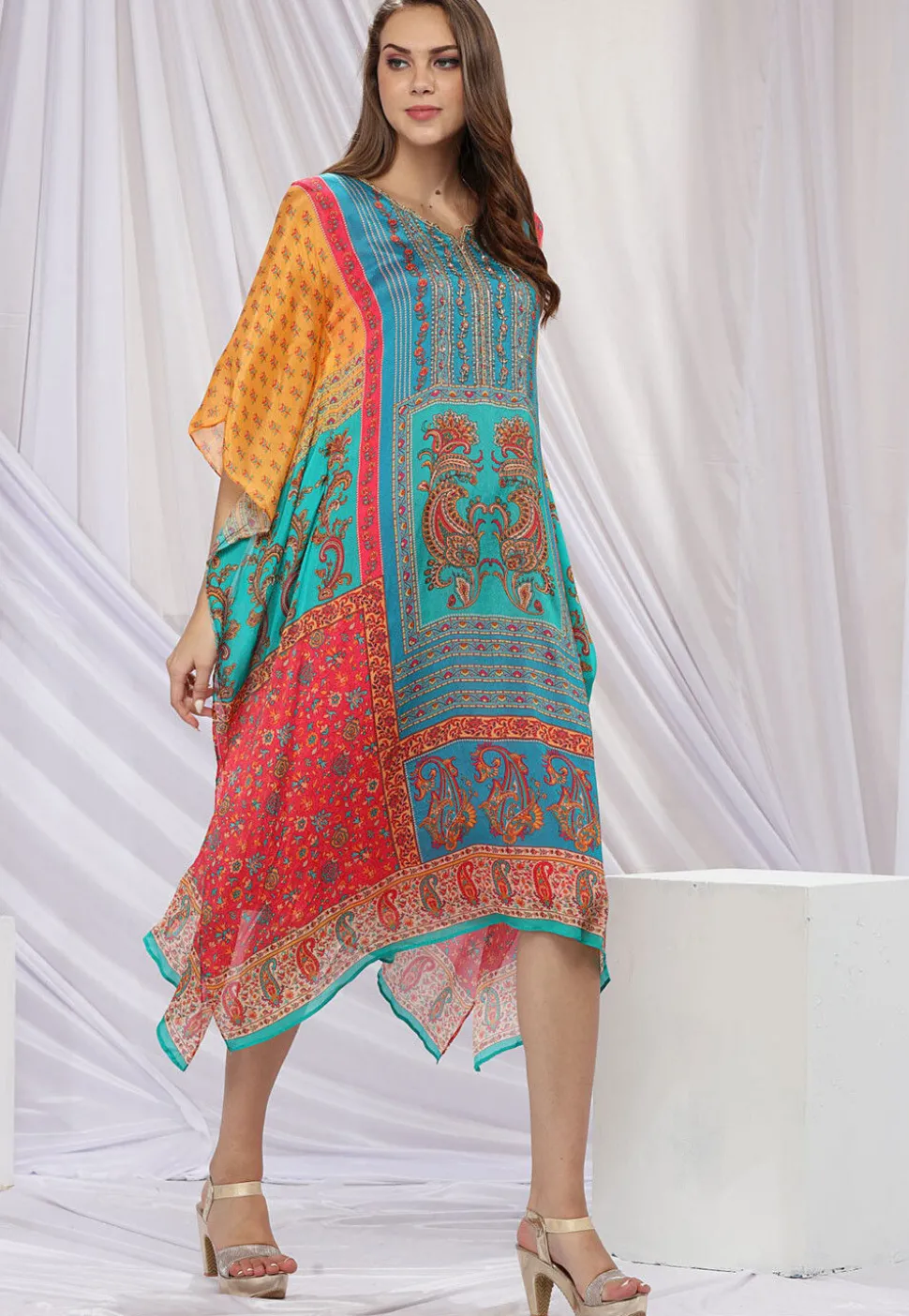 Digital Printed Chinon Silk Kaftan in Multicolor
