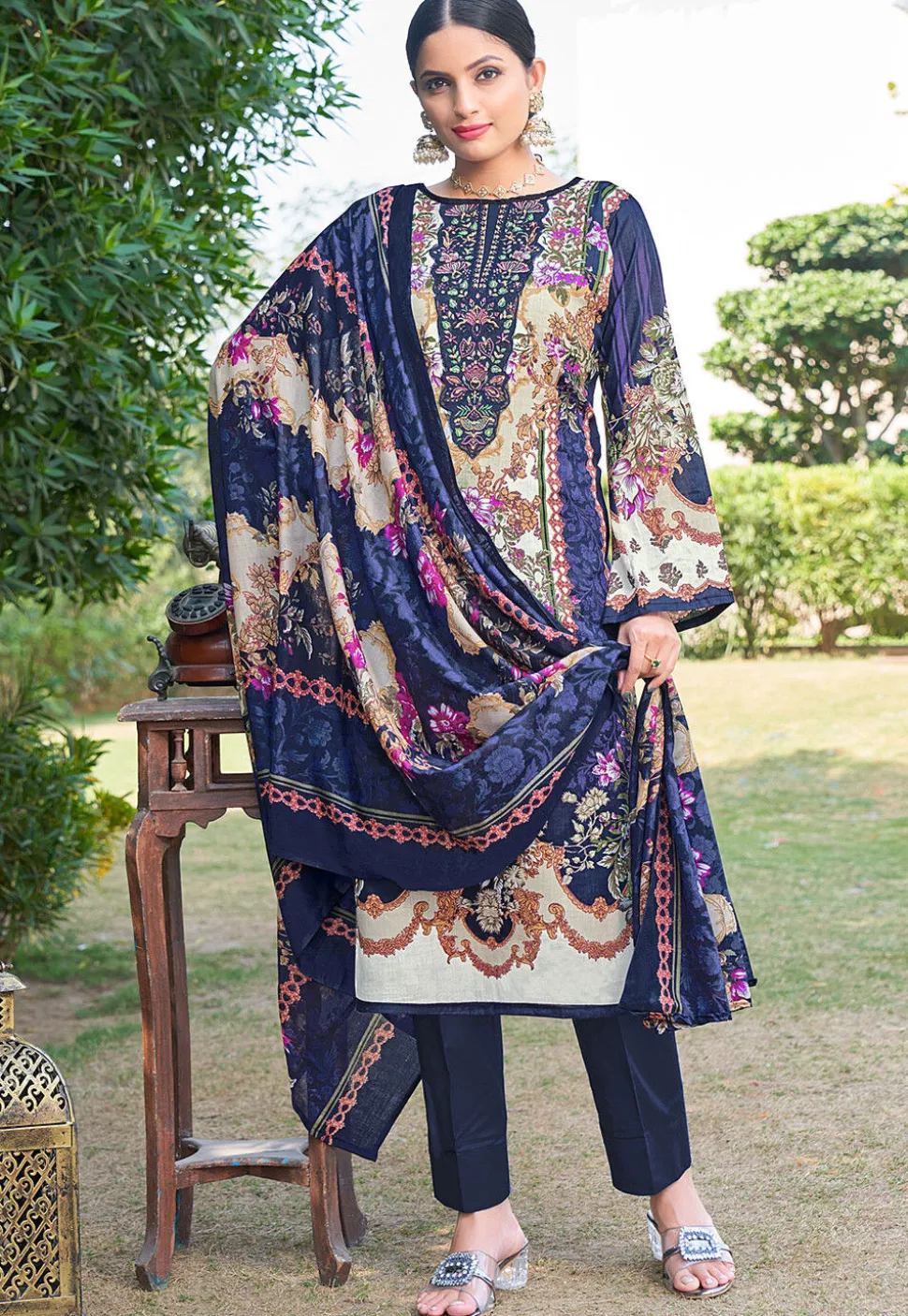 Digital Printed Chinon Silk Pakistani Suit in Navy Blue