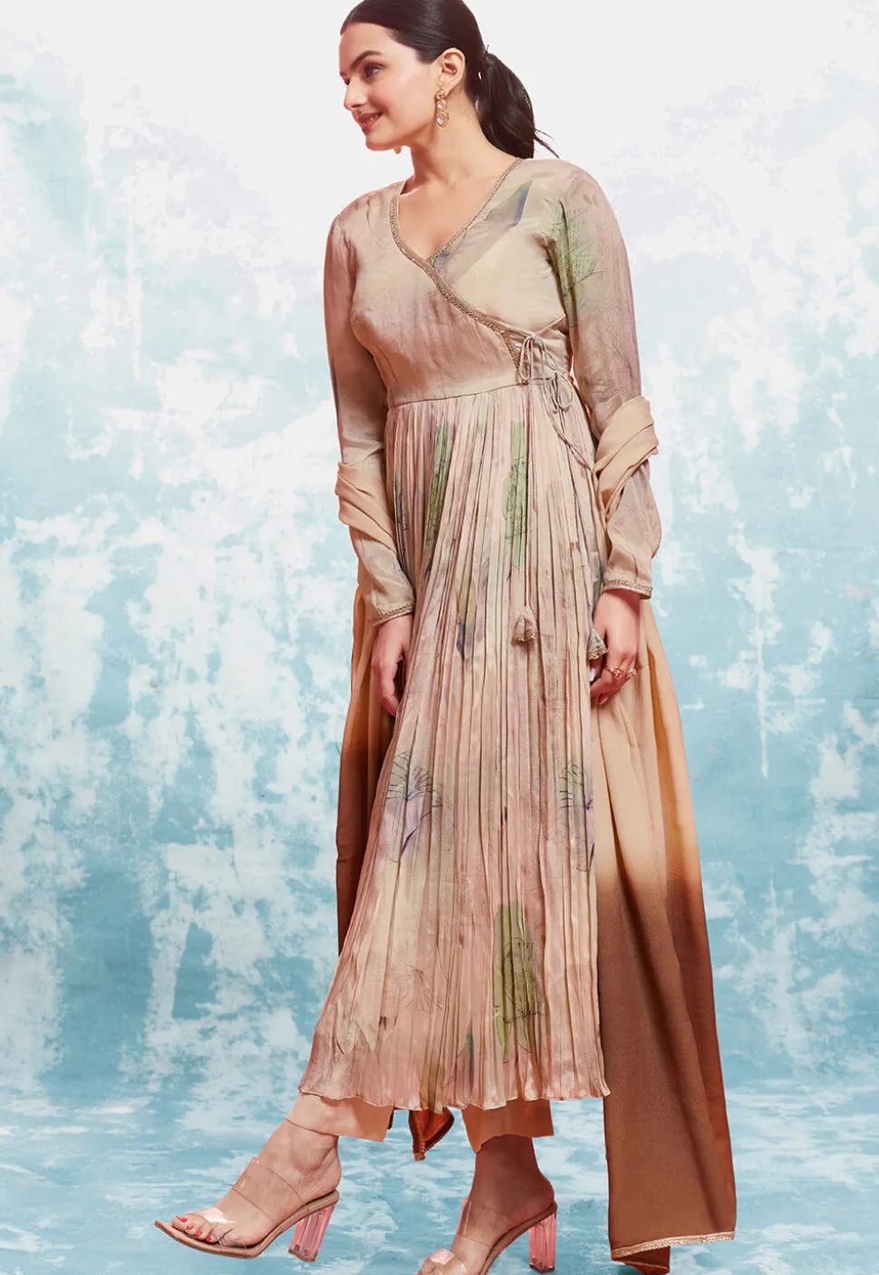 Digital Printed Chinon Silk Aline Suit in Brown and Beige