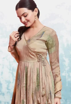 Digital Printed Chinon Silk Aline Suit in Brown and Beige