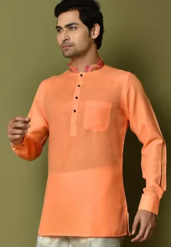 Digital Printed Collar Cotton Short Kurta in Orange